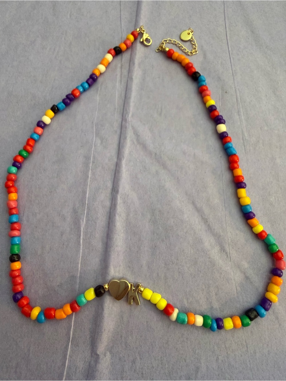 Multicolor Beaded Necklace with Gold Heart & K Charm